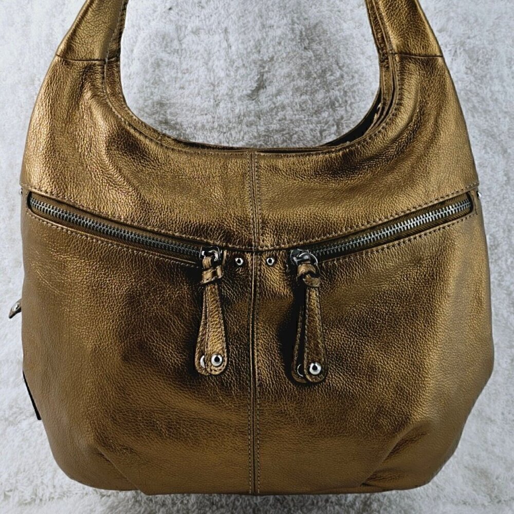 TIGNANELLO Metallic Gold Pebble Leather Double Handle Hobo Shoulder Bag